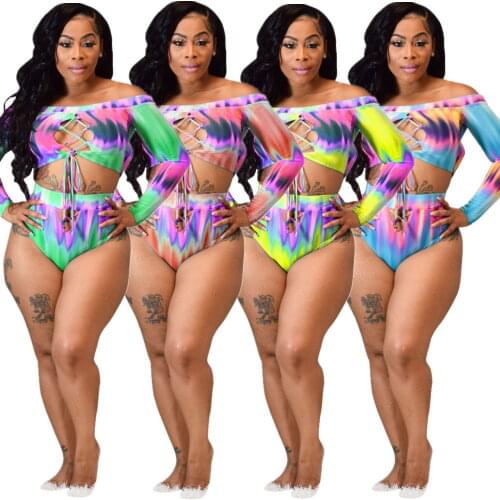 Sexy Swimwear 2021 Bikinis Tie Dye Print Off the Shoulder Long Sleeve Swimming Suit For Women Swimsuit Push-up Bikini Set