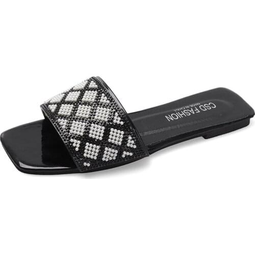 Summer Lovery Women Flat Heels Slippers Fashion String Bead Open Toes Slides Luxury Designer Squared Toes Ladies Slippers