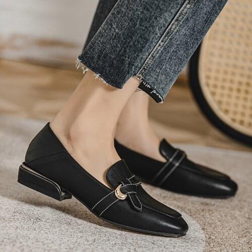 Women Loafers Sewing Low Heels Casual Shoes 2021 Spring Square Toe Slip on Flat Shoes Buckle Woman Flats Black Oxford Shoe 8985N