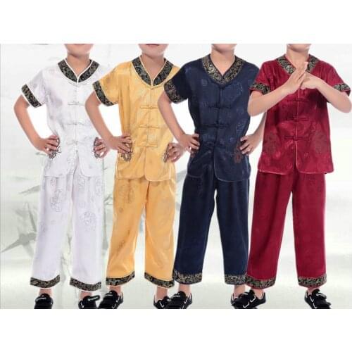 Unisex summer short sleeve kids chinese traditional Tang suits kung fu clothing uniforms martial arts boy/girlred/yellow/blue