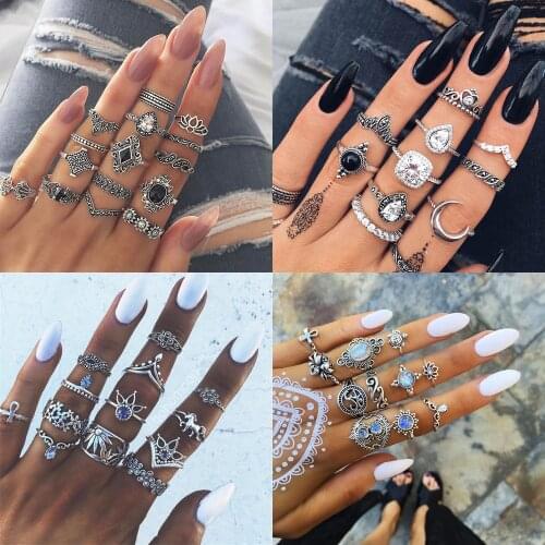 Vintage Silver Crystal Joint Rings for Women Bohemian Moon Geometric Knuckle Ring Set Boho Party Anillos Mujer Jewellery 2020