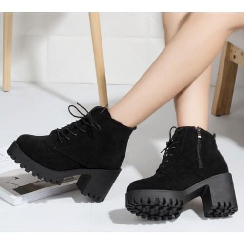 2021 British style womens shoes thick heel short boots autumn winter high heel Martin boots women frosted leather boots women