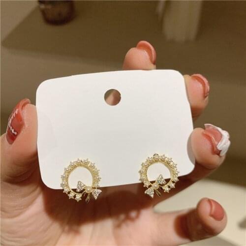 MENGJIQIAO Wholesale Cute Elegant Pearl Circle Stud Earrings For Women Girls Fashion Rhinestone Bowknot Brincos Jewelry Gifts