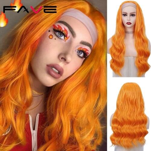 FAVE Headband Wig Long Body Wave Orange Color With Scarf Heat Resistant Fiber Synthetic Hair Daily Party For Black White Women