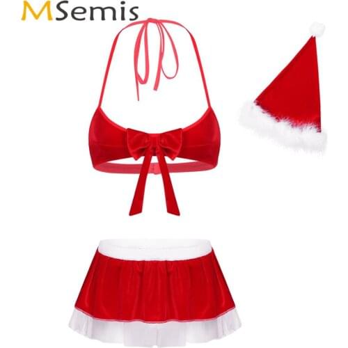Womens Christmas Costume Sexy Cosplay Red Velvet Lingerie Set Halter Bowknot Bra Tulle Mini Skirts with Santa Hat Hot Role Play
