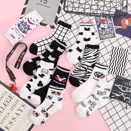 10 pairs Cute Cartoon Socks Women Cow Socks Ins Korean Style Women Bear Lolita Socks Kawaii Zebra pattern Funny Crew Socks Girl