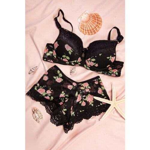 2021 Women Sexy Bra Set Ladies Sexy Lace Comfortable Tulle Underwear Tops Briefs Sets Lingerie Black Floral