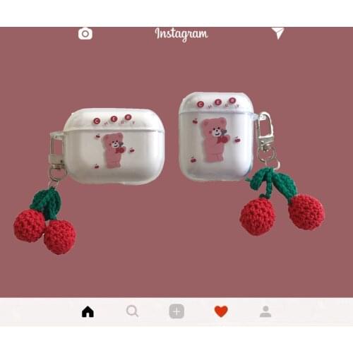 For AirPods 2 Case airpod Pro 3 case cute bear Sweet Cherry Cartoon keyring case For Air pods case clear silicone Earphone Cover