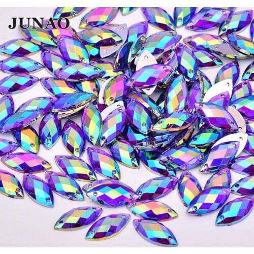 JUNAO 7*15mm Glitter Sewn Purple AB Crystal Rhinestones Flat Back Sewing Acrylic Stones Strass Crystal Appliques for Needlework