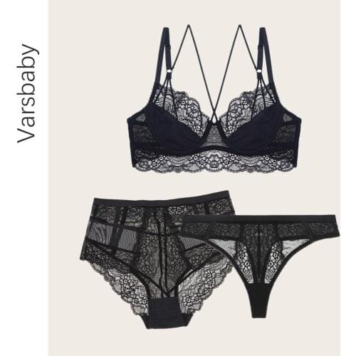 Varsbaby sexy unlined floral lace underwear set 3 pcs bras+high-waist panties+thongs unlined underwire bra set