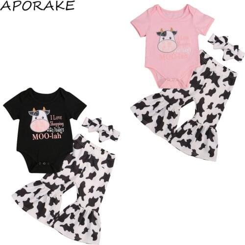 2021 0-24M Newborn Baby Girl Clothes Set Cartoon Cows Letter Print Short Sleeve Romper+Milk Flare Pants Summer Cute Outfits 3pcs
