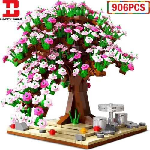 Happy Build City Street View Cherry Blossoms Tree Building Blocks DIY Plant Decoration Figures Bricks Toys For Children