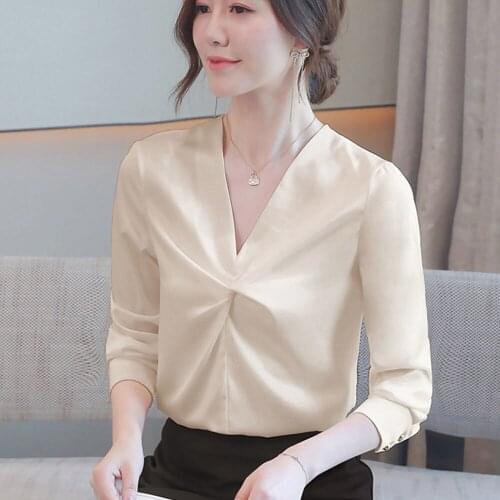 Korean Silk Women Blouses Woman Satin Blouse Shirt Women Long Sleeve Kink Tops Plus Size Office Lady V-Neck Solid Color Shirts
