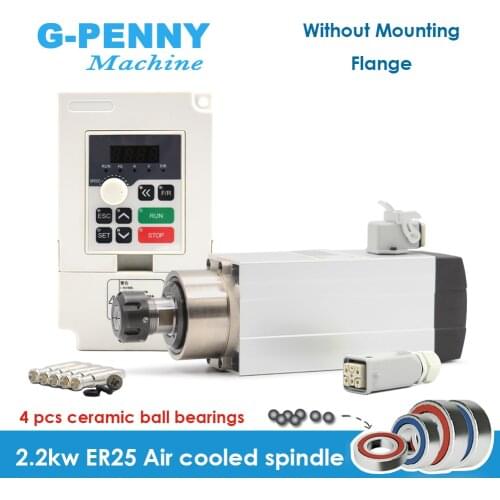 220v 2.2kw ER25 square air cooled spindle kit 4 pcs ceramic ball bearings without mounting flange & 220v 2.2kw inverter / VFD