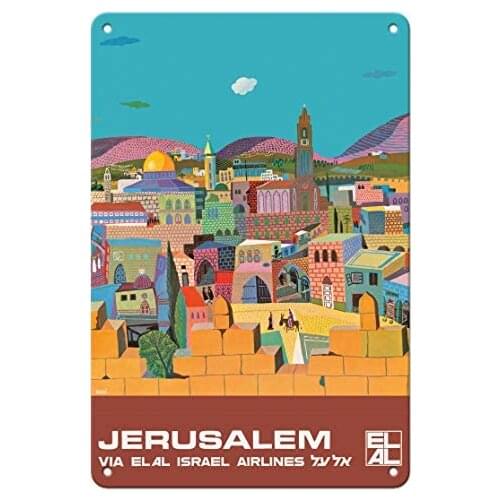 Jerusalem, Israel - via El Al Israel Airlines - Airline by Peri Rosenfeld c.1970s Metal Tin Sign