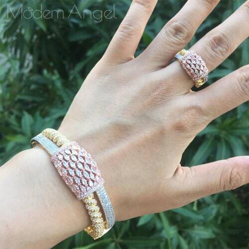 ModemAngel Trendy Exquisite Micro Pave Zirconia Crystal Bangle And Ring Set for Women Dress Jewelry