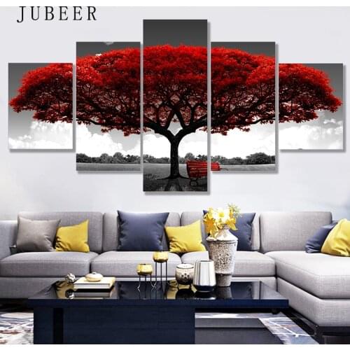Modular Canvas HD Prints Posters Home Decor Wall Art Pictures 5 Pieces Red Tree Art Scenery Landscape Paintings No Frame