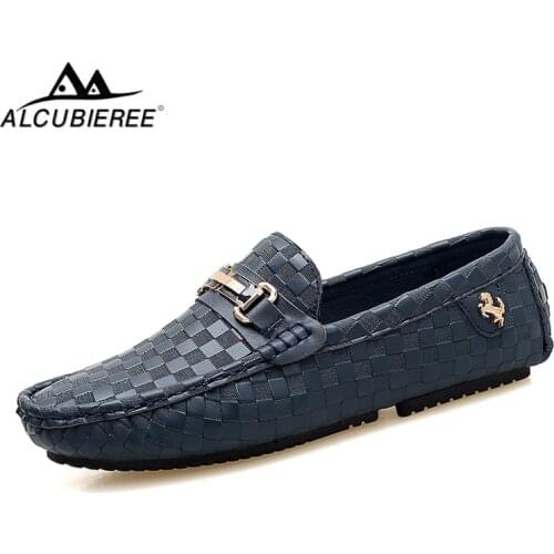 ALCUBIEREE Brand Mens Embossed Leather Moccasins for Men High Quality Slip On Flats Loafers Fashion Buckle Style Driving Shoes
