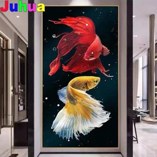Large Size Koi carp diamond Painting full square round mosaic diamond set 3d cross Stitch Entrance hallway wall decoration