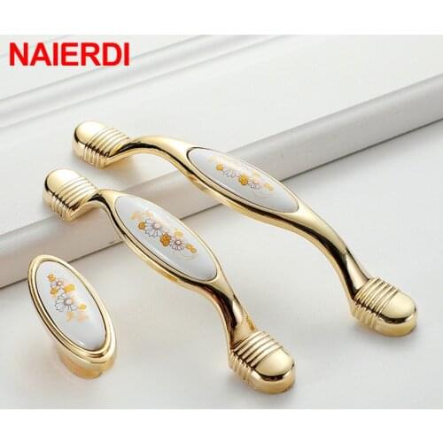 NAIERDI 10PCS Chinese Creamic Gold White Cabinet Handles Zinc Alloy Drawer Pulls Kitchen Door Knobs Furniture Handle Hardware