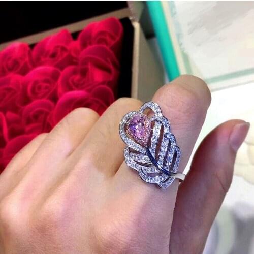 Natural crystal purple stone feather Ring Water drop shape sparkling cz zircon leaves ring for women pure silver 925 jewelry