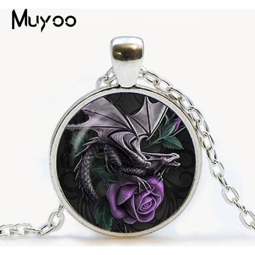 New Wholesale Wing Dragon Art Picture Glass Cabochon Necklace Fashion Chain Dragon Pendant Man Woman Jewelry Vintage Gift HZ1