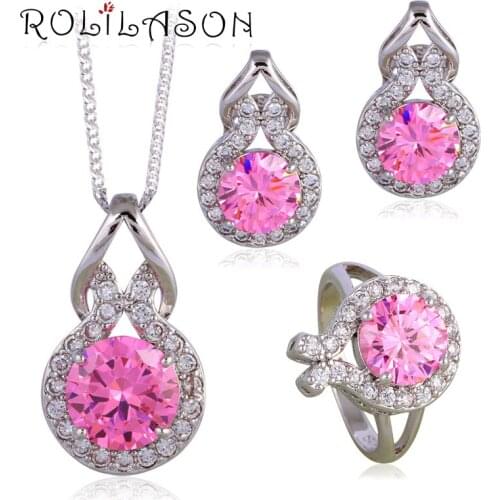Silver plated stamped Clip Earrings Necklace Pendant rings Weddings Pink AAA CZ Fashion Jewelry Set JS627