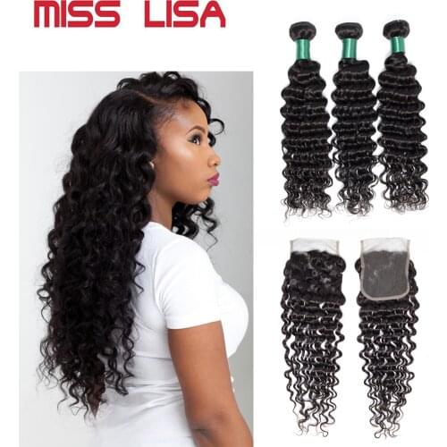 MIiss Lisa Deep Wave 3 Bundles with 4x4 Lace Closure 100% Malaysia Human Hair Bundles Extension Non-remy 8-30 inches