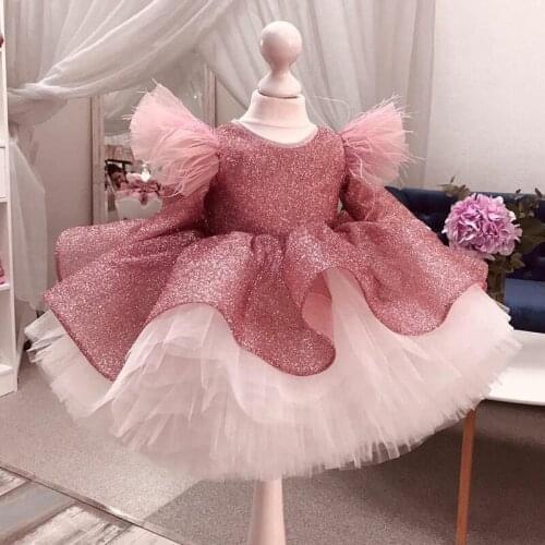 Blush Pink 2020 Flower Girl Dresses Long Sleeve O Neck Bow Tie Feather Toddler Communion Dress Ruffles Tea Length Prom Gown