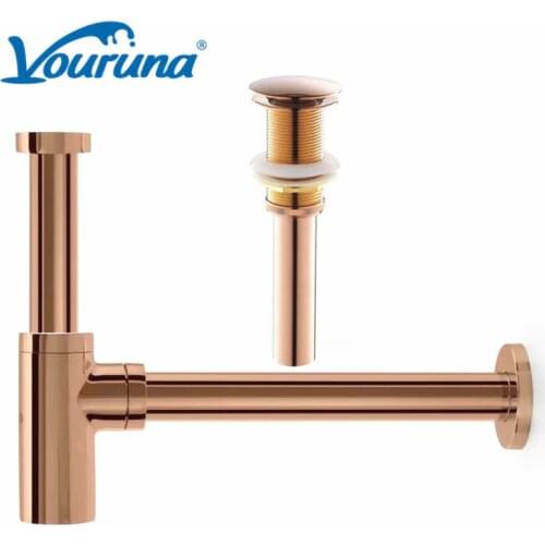 Solid Brass Round Rose Golden Pop Up Bathroom Vanity Sink Waste Drain P-trap Push Down Drainer