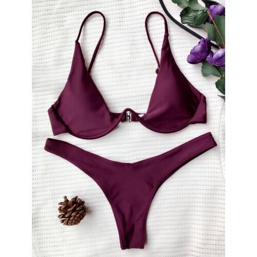 ZAFUL Sexy Plunging Neck Thong Bikinis Set Underwired Plunge Bathing Suit Spaghetti Straps Padded Female Swimsuits High Cut Suit