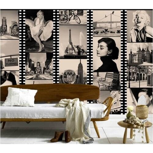 Custom vintage wallpaper,black and white film star Hepburn Monroe mural for the living room bedroom TV background wall wallpaper