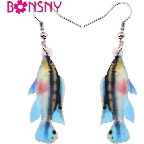 Bonsny Acrylic Lightweght Drop Dangle Long Purple Cichlid Fish Earrings New Fashion Accessories Ocean Animal Jewelry For Women