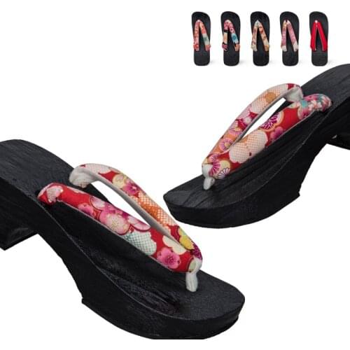 Womens Floral Prints Summer Flip Flops Black Painted Wood High Heel Sandals Beach Slippers Cosplay Shoes Classic Japan Geta
