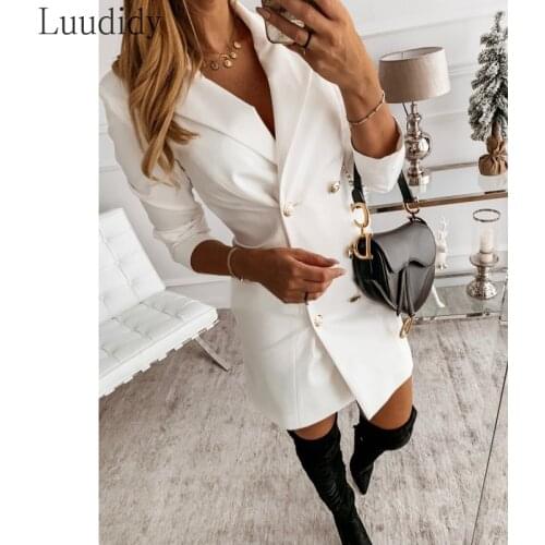 Women Casual Suits Elegant Double Breasted One Piece Dress Suit Office Lady Work Blazer Dress Long Outwear Autumn Outfit Female