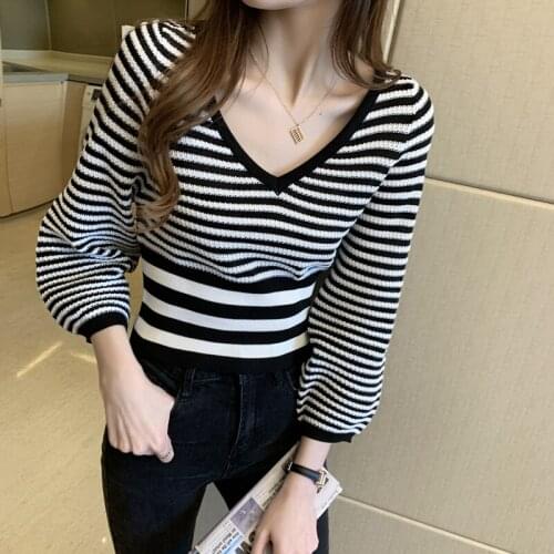 Women Striped Knitted Sweater Jumpers Fall Winter Lantern Long Sleeve Cropped Sweater Slim V-Neck Tops Fashion YOU904