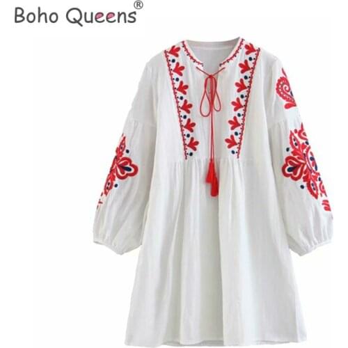 Boho Queens flare sleeve Floral embroidery beach Bohemian mini dress Ladies tassel Summer happie dress vestidos