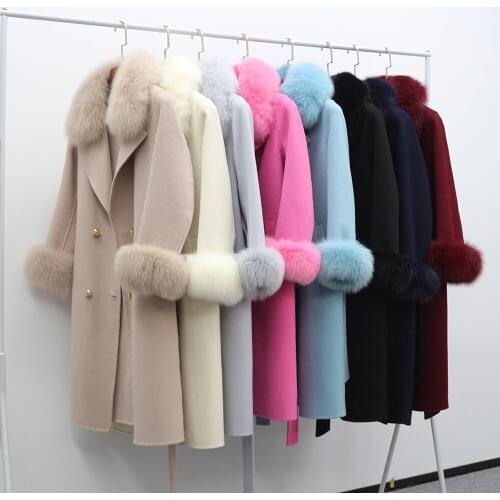 Cream Lady Wool Blends Jacket Overcoat Luxury Fox Fur Collar Coat Elegant Double-Breasted Cashmere Trench Coat Womens British