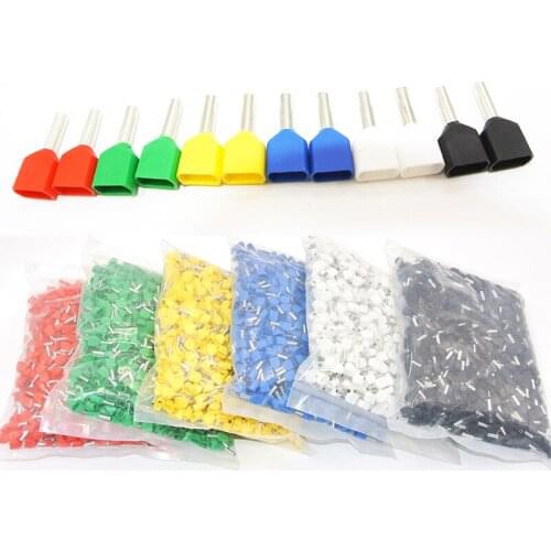 1000Pcs TE1508 2x1.5mm2 Bootlace cooper Ferrules Wire Copper Crimp Connector Insulated Cord Twin Pin End Terminal