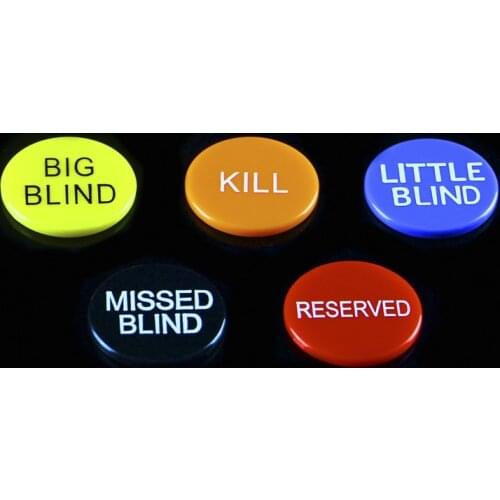 5pcs/lot SALE ABS Round Plastic Dealer Coins BIG BLIND/LITTLE BLIND/KILL/MISSED BLIND/Texas Poker Chip Set Coin Buttons Game