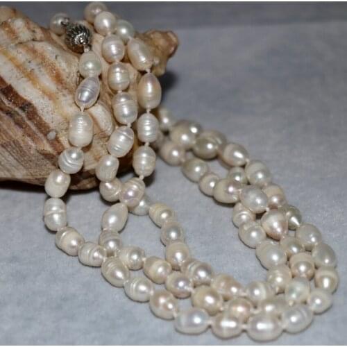 Free shipping 9-10mm natural white freshwater pearl barrel rice necklace for women long chain high grade jewelry 36inch B2918