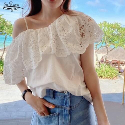 Off Shoulder White Bouse Women Summer Chic Lace Ruffles Irregular Slash Neck Shirts Elegant Plus Size Tops Female Clothing 15401