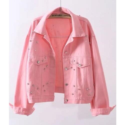 Spring Autumn Casual Diamond Loose Coat Women Denim Jacket Coat Pink Jean Jackets