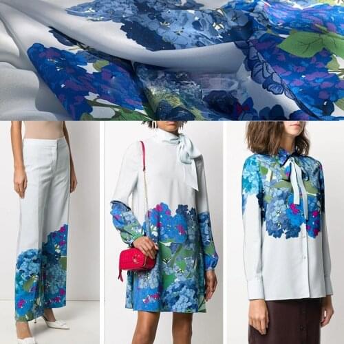 145cm*100cm designer fabric European brand haute couture blue hydrangea digital printing handmade diy fabric sewin for dress