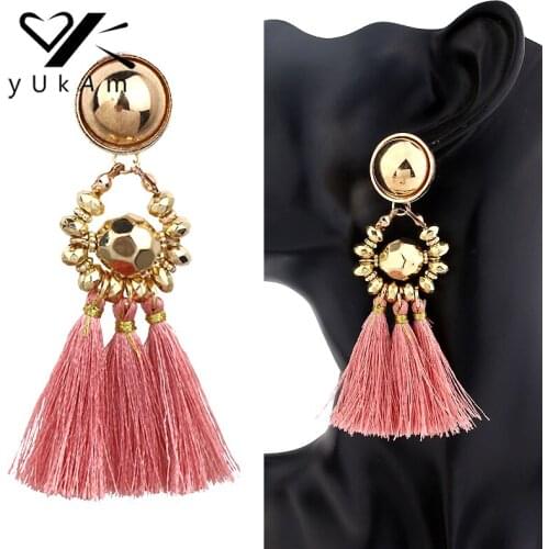 YUKAM Boho Ethnic Long Tassel Earrings Fringe Gold Metal Beads Drop Earrings for Women Vintage Handmade Tassle Earrings Jewelry