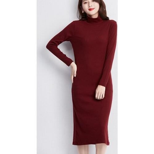 Turtleneck Maxi Dresses for Women Autumn Long Sleeves Dress Womens Clothes Winter Solid Korean Ladies Office Slim Maxi Dresses