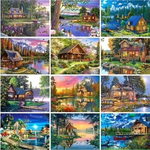 EverShine 5D Diamond Painting Kits House Picture Rhinestones Diamond Embroidery Lakeside Landscape Cross Stitch Decor Home