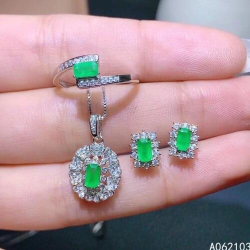 KJJEAXCMY fine jewelry 925 sterling silver inlaid natural emerald Womens popular luxury square Gem Ring Pendant Earring Set sup