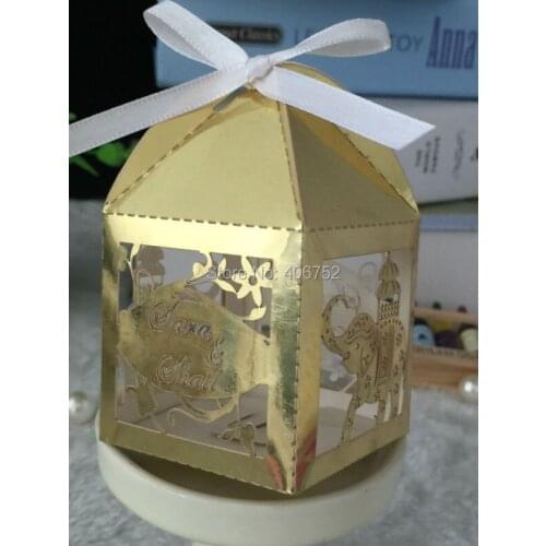 Event party favor box 5*5*8.5cm laser cut gold color decorative paper cake boxes for wedding
