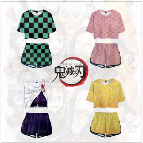 3D Demon Slayer Cosplay Suit Hot Anime Kamado Nezuko Cosplay Printed Crop Tops T-shirts Shorts Sets for Girls Summer Clothing